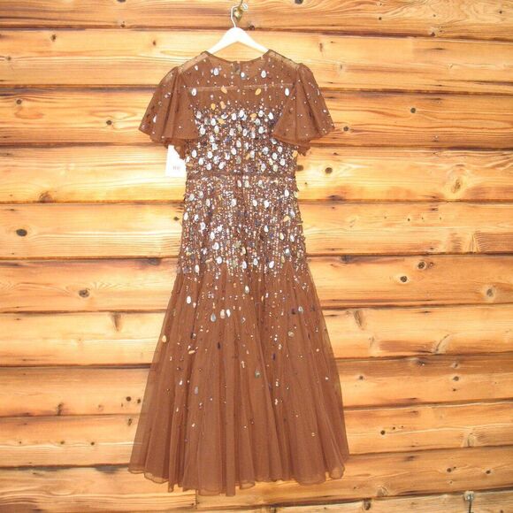 MAC DUGGAL 24018 Womens Brown  Flutter Sleeve Sheer Top Beaded Dress - Picture 6 of 14